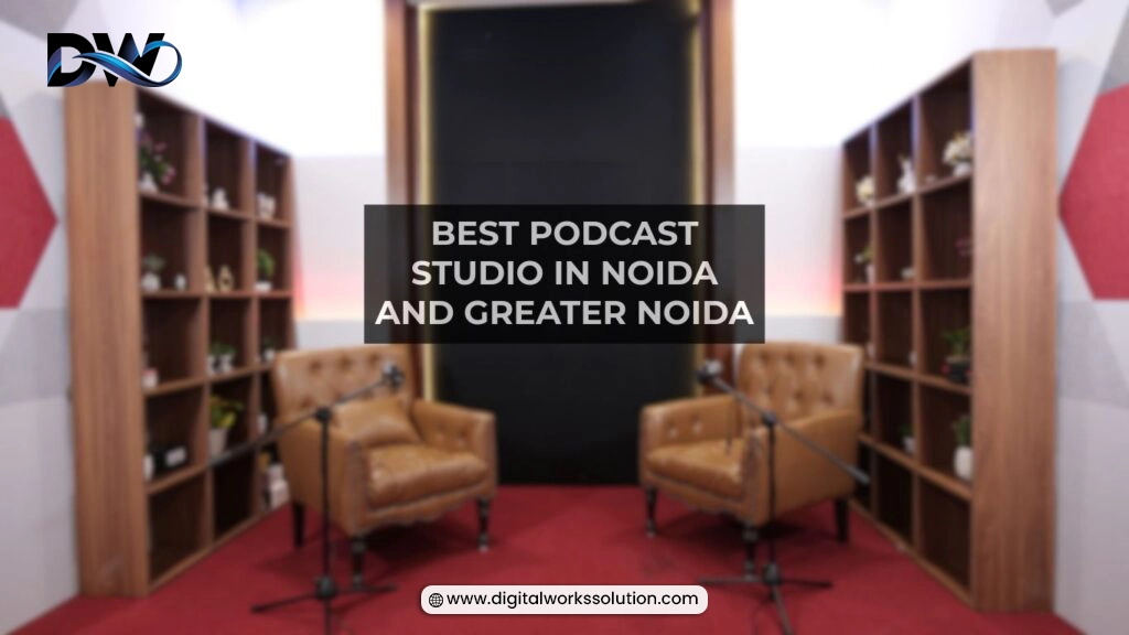 Professional podcast studio in Greater Noida with recording equipment and microphones