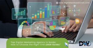 Your guide to choosing Noida's Best Digital Marketing Agency in 2026, including small modern icons representing SEO, social media marketing and data analytics on a subtle skyline of Noida office buildings