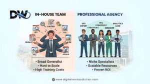 A split-screen infographic comparing the structure of an 'In-House Team' (broad generalist, stressed individual) and a 'Professional Agency' (multiple specialists, collaborative team) to help Noida businesses choose the right digital marketing agency