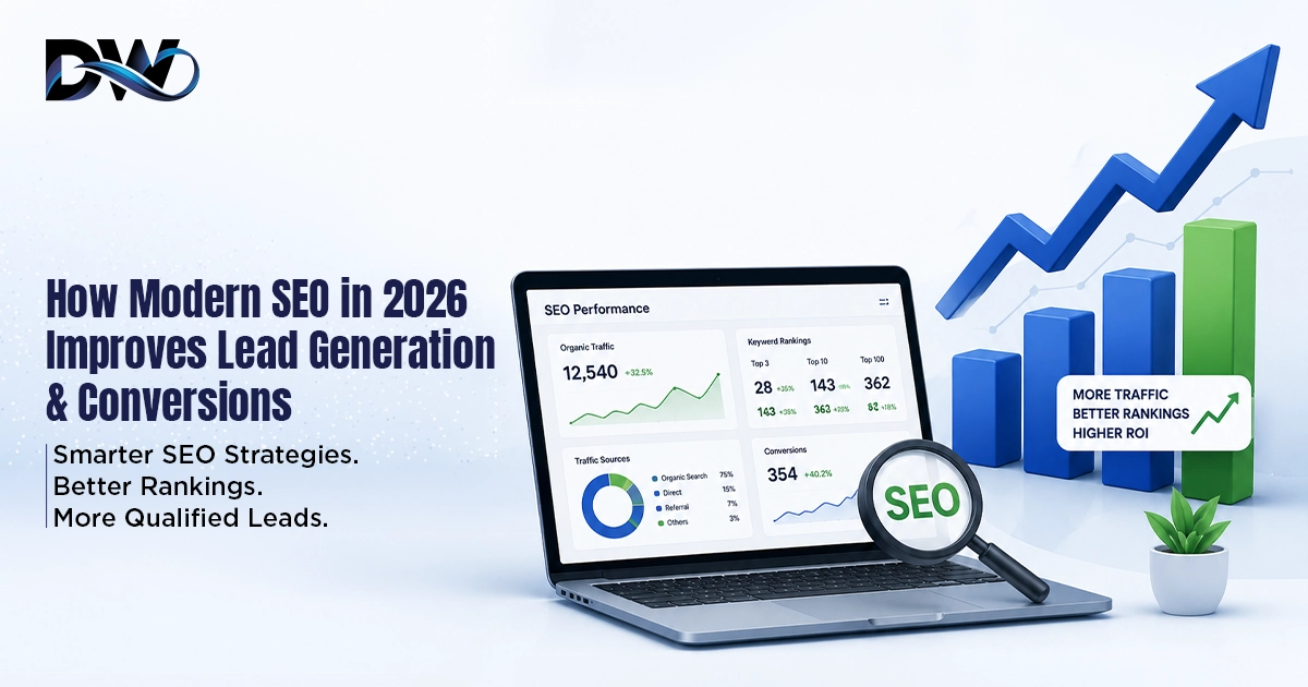 Modern SEO in 2026 illustration featuring AI search, analytics, website optimization, and lead generation with Digital Works Solution branding